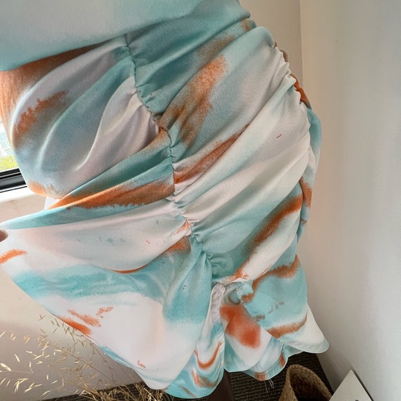 Tie Dye Satin Ruched Bodycon Dress With Knot Detail - Picture 8 of 10